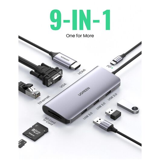 Док-станция Ugreen Docking station 9 in 1 USB-C To: 3x USB 3.0 A-HDMI-VGA-RJ45 Gigabit-SD/TF reader-100W PD Converter, фото 2