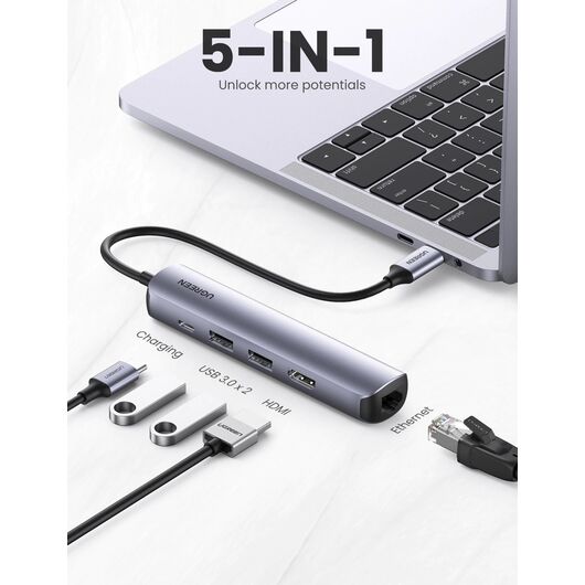Док-станция Ugreen Docking station 5 in 1 USB-C To: 2x USB 3.0 A - HDMI - RJ45 - 100W PD Converter, фото 10