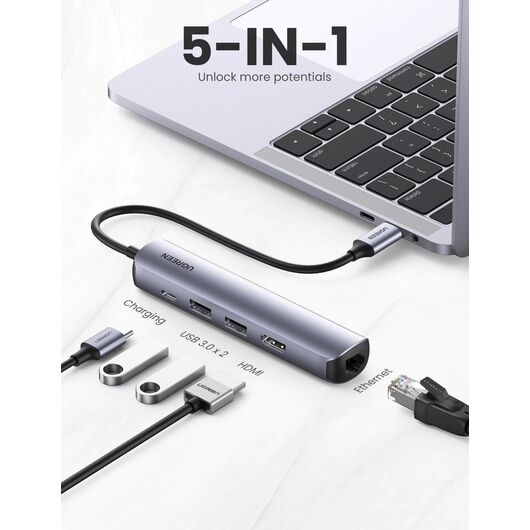 Док-станция Ugreen Docking station 5 in 1 USB-C To: 2x USB 3.0 A - HDMI - RJ45 - 100W PD Converter, фото 2